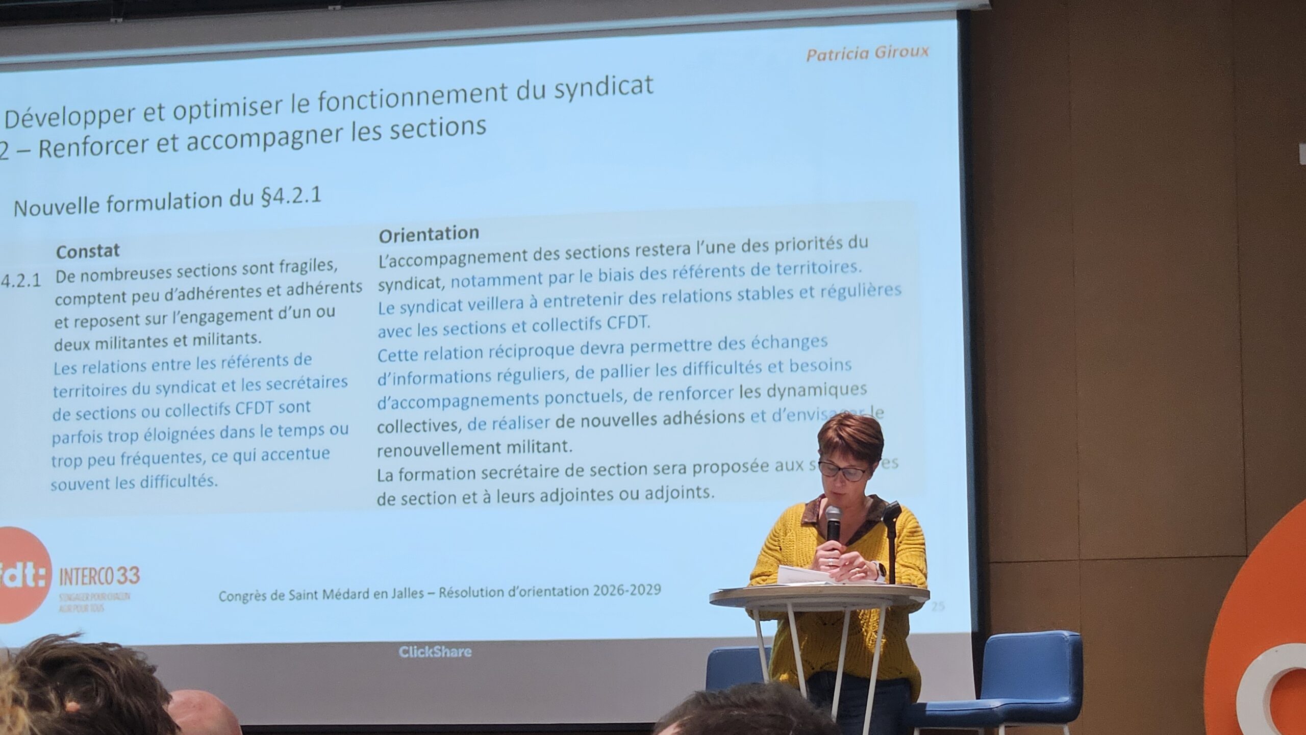 Présentation des amendements, ici le 4.2.1 par Patricia Giroux